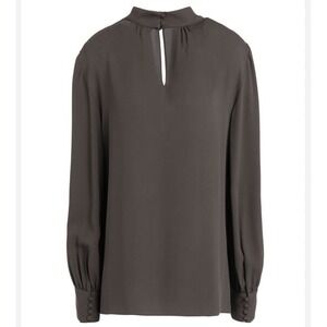 Theory 100%  Silk Gathered Slit Neck Top Sz M Green Gray. Romantic Minimalist